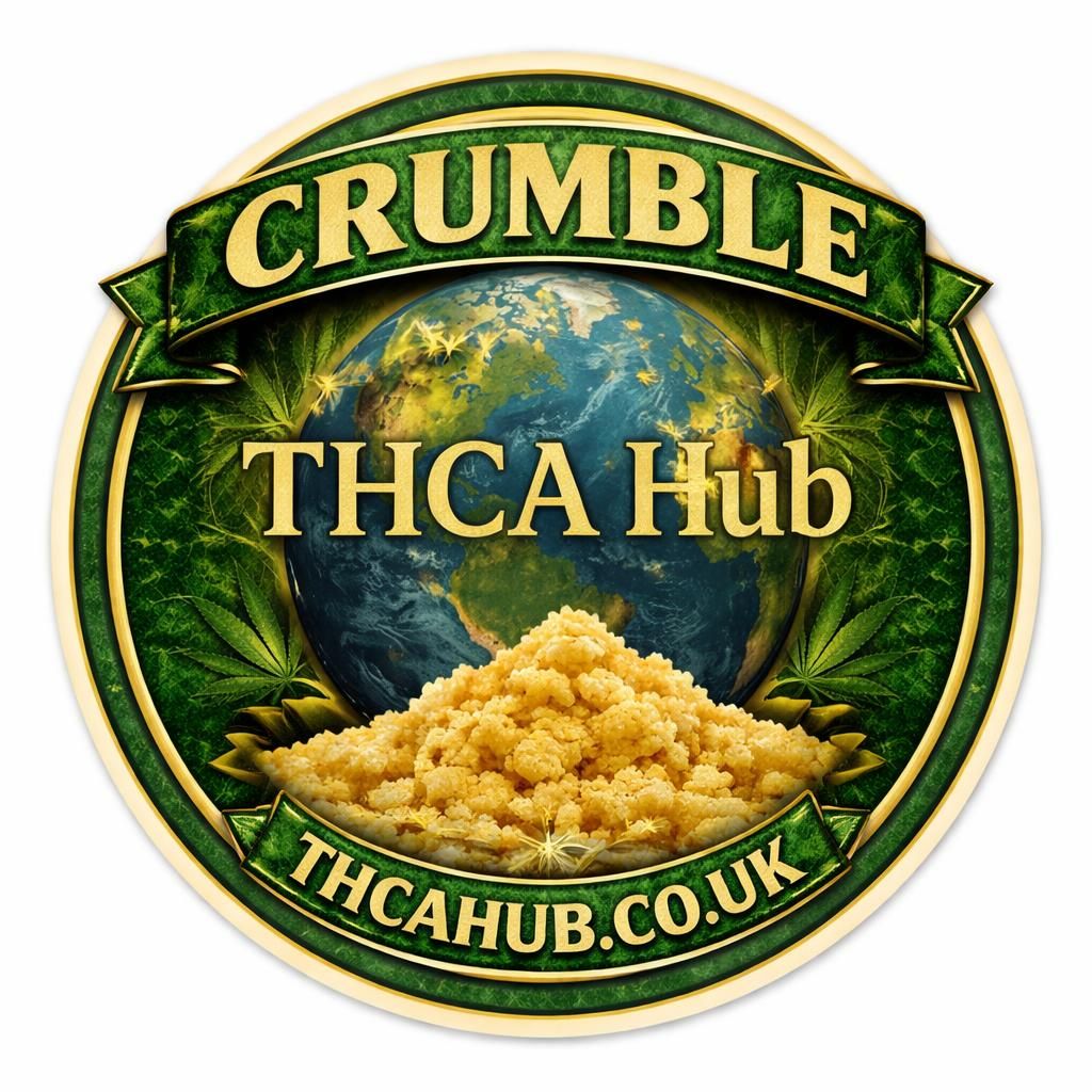 Crumble THCA Hub logo with earth and cannabis leaves on a green background