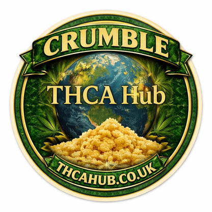 Crumble THCA Hub logo with earth and cannabis leaves on a green background