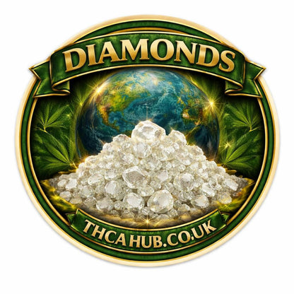 Logo with diamonds, cannabis leaves, and 'THCA HUB.CO.UK' text on a green and gold background.